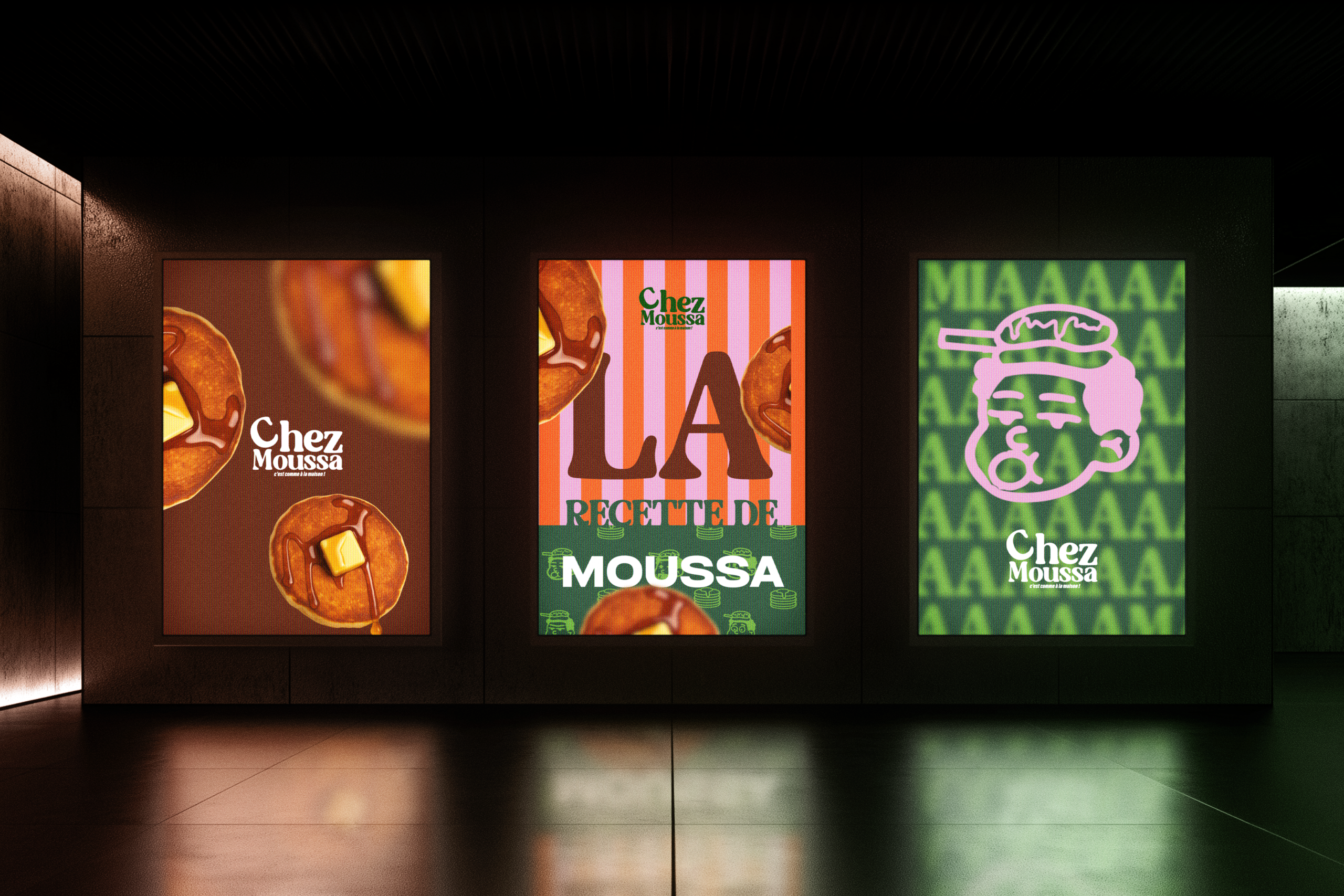 image de nuit, affichage en template des visuels produits à partir de l'identité visuelle de Chez Moussa , marque de pancakes